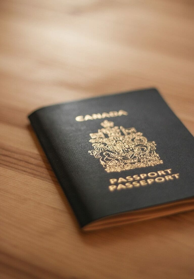 Passport book on wooden table