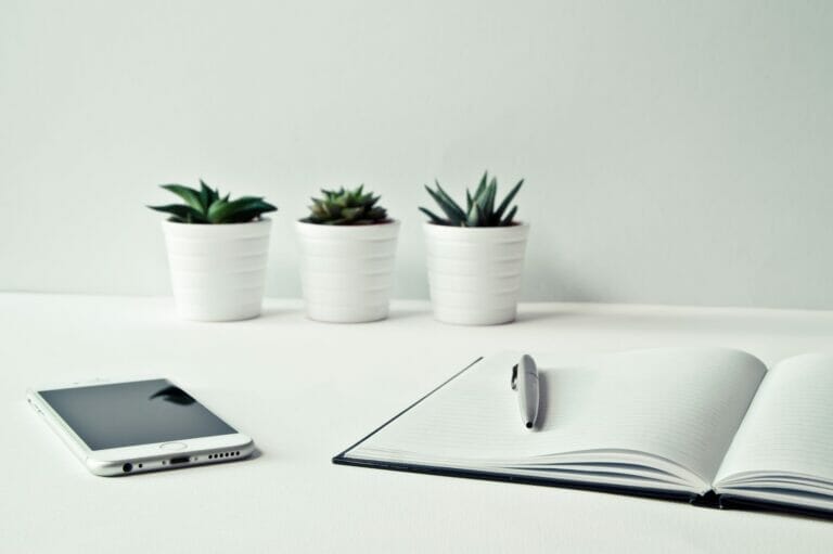 three white ceramic pots with green leaf plants near open notebook with click pen on top