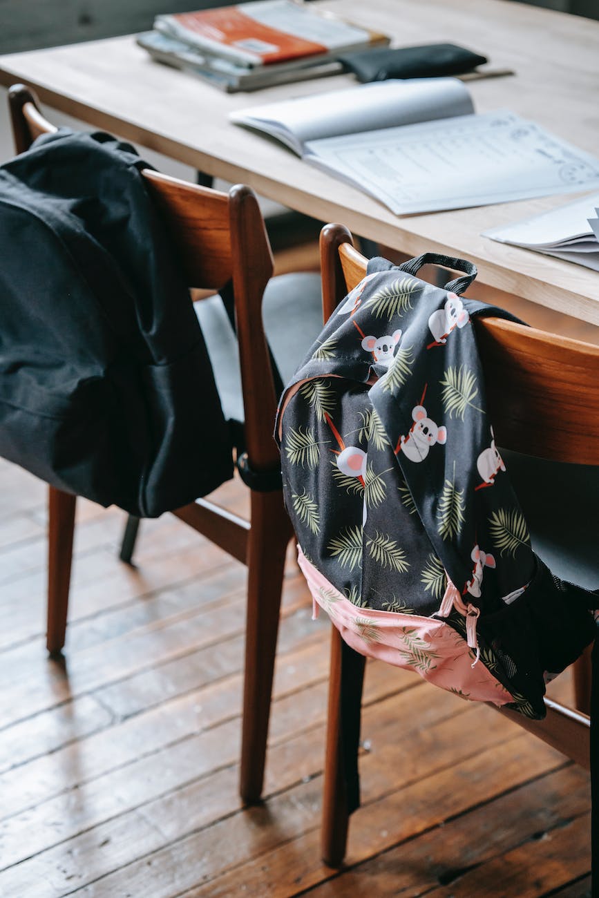 school desk with stationery and backpacks on chairs